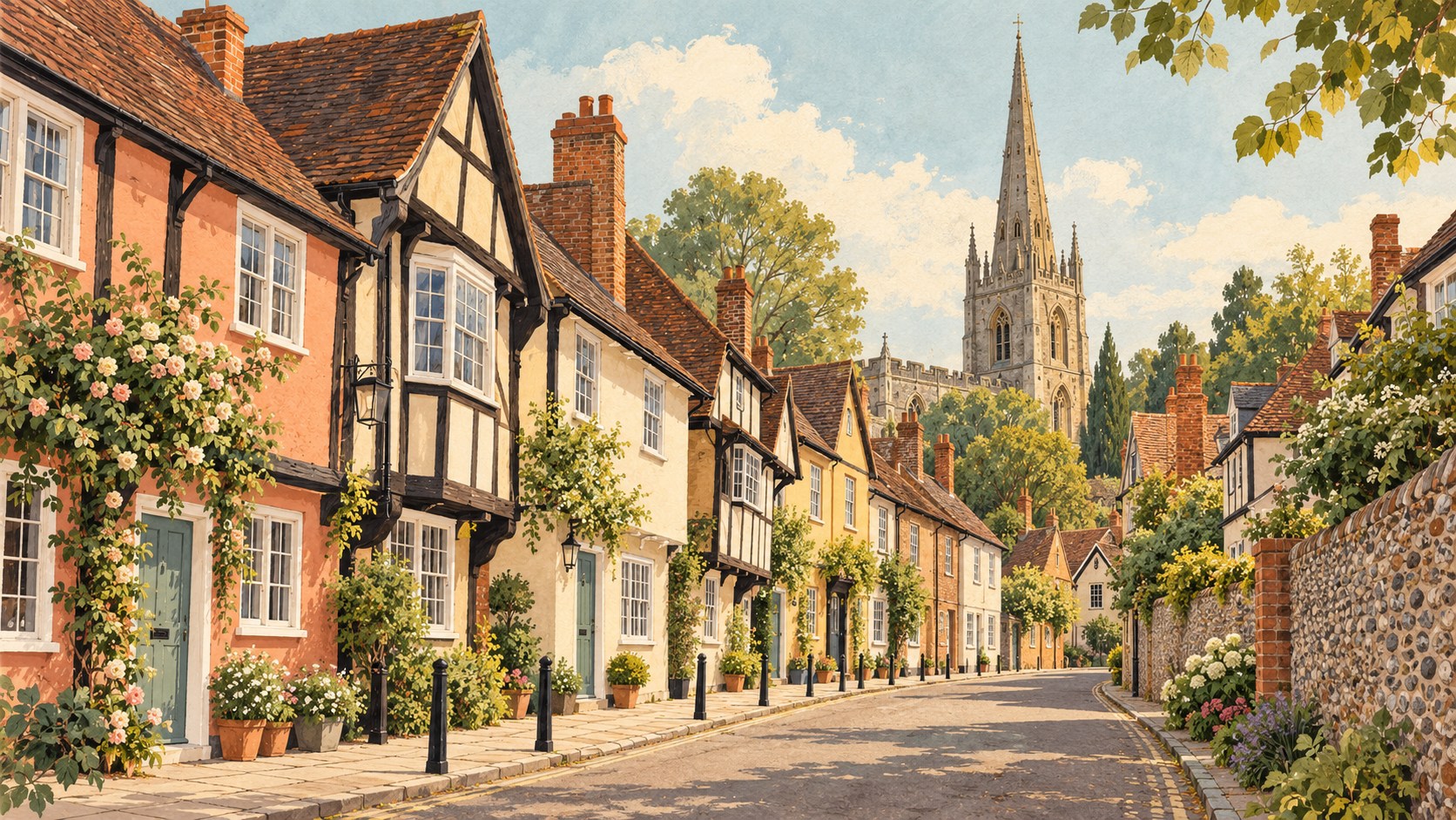 Artist’s impression of Castle Street’s historic cottages and St Mary’s church spire in Saffron Walden