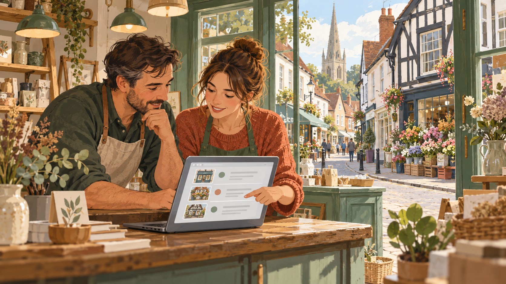 Artist’s impression of a Saffron Walden shop owner preparing a listing beside a window overlooking historic shopfronts