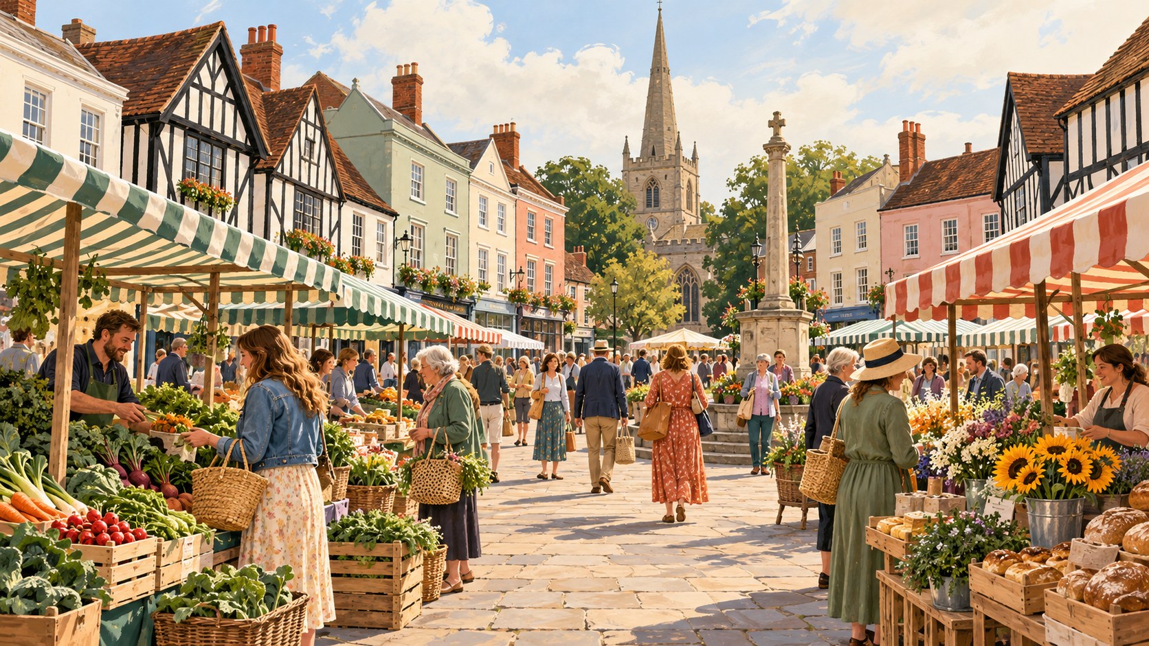 Artist’s impression of market stalls and shoppers among Saffron Walden’s historic shopfronts