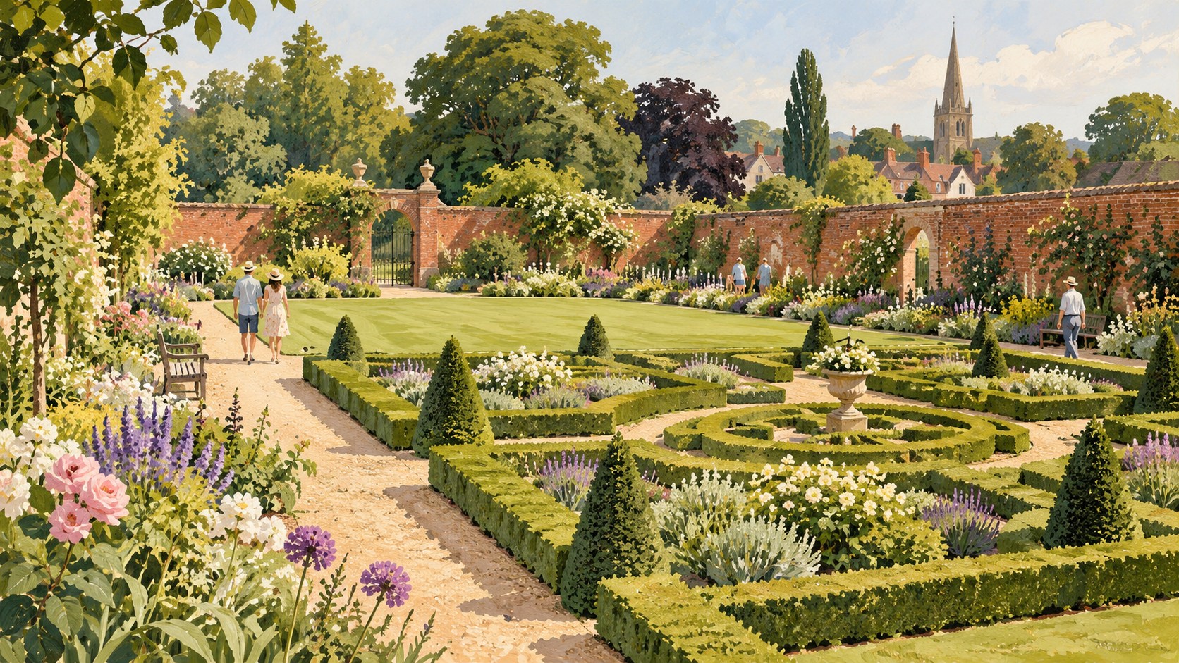 Artist’s impression of the formal planting and paths of Bridge End Garden in Saffron Walden